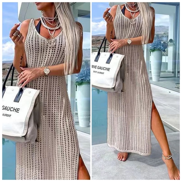 White Openwork Slit Cutout Wide Strap Dress - Picture 11 of 15